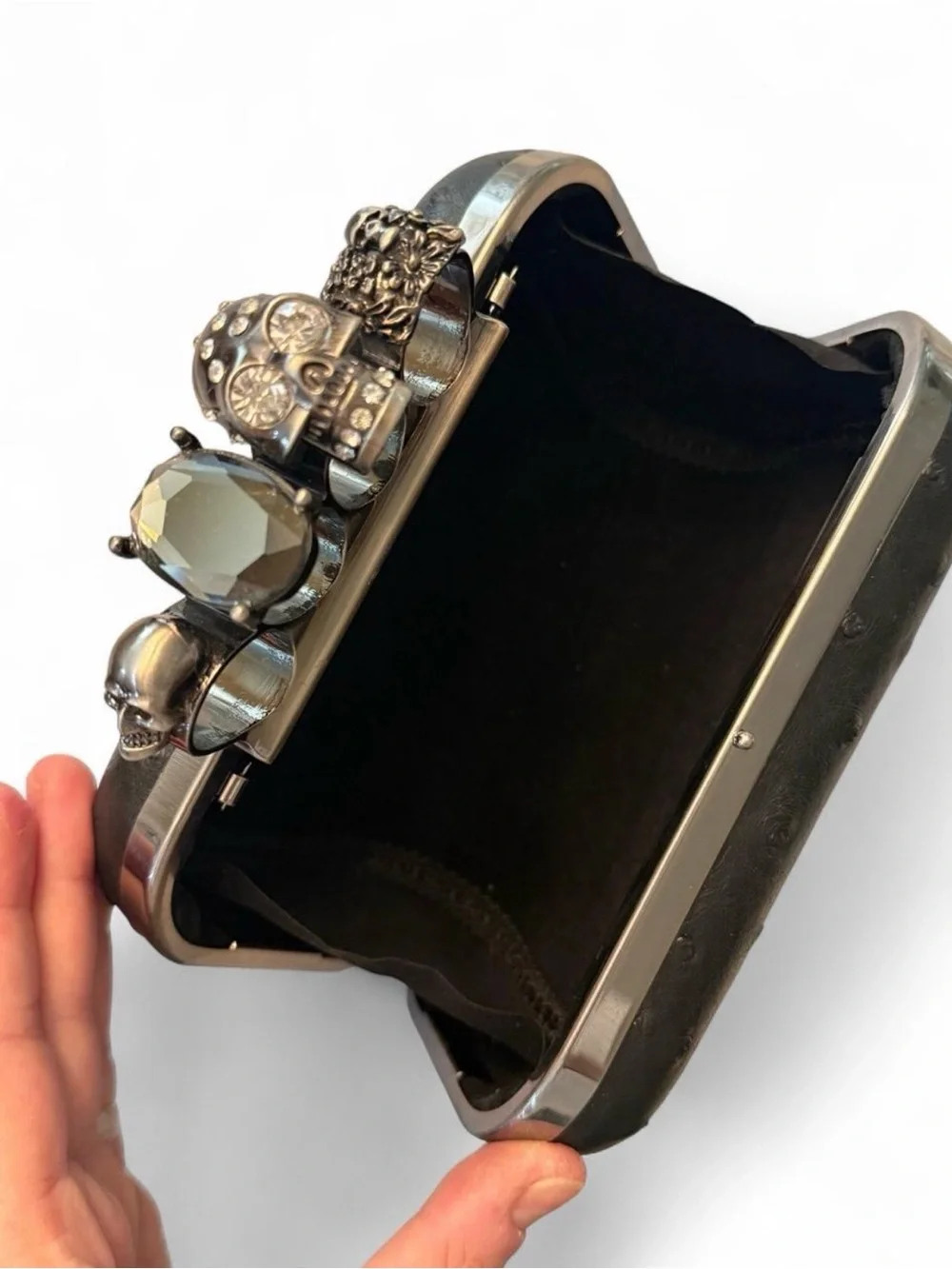 Skull & Crystal Silver Tone Knuckle Clutch Bag